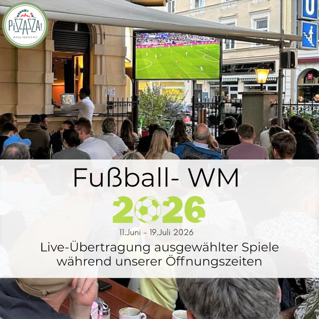 Fußball-WM 2026 im Restaurant Pizzazza München-Neuhausen: Gäste verfolgen eine Live-Übertragung auf Großbildschirm im Gastgarten. Ausgewählte WM-Spiele werden während der Öffnungszeiten gezeigt.